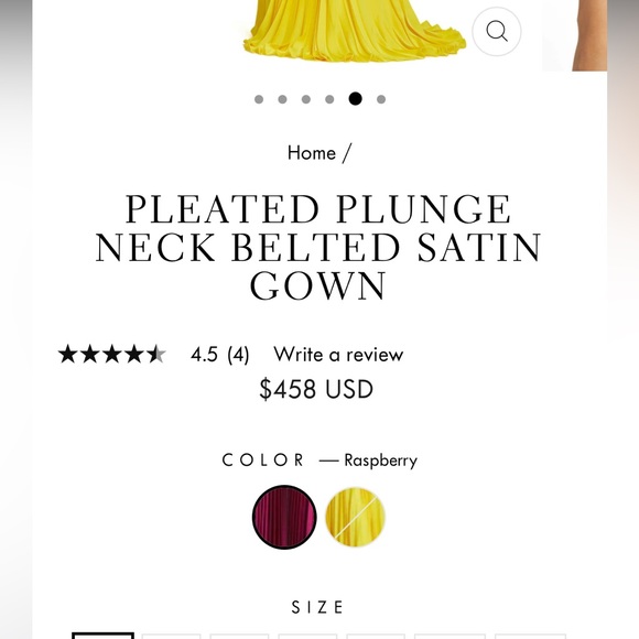 Mac Duggal PLEATED PLUNGE NECK BELTED SATIN GOWN in Yellow - Picture 4 of 10